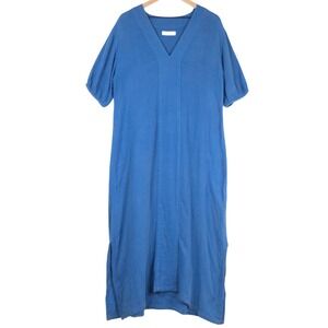 LAKE Gauze Caftan 100% Cotton Maxi Dress Sz L Blue V Neck‎ Puff Sleeve Coastal